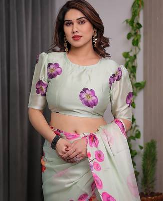 Stylish floral pattern satin georgette saree with blouse piece 5