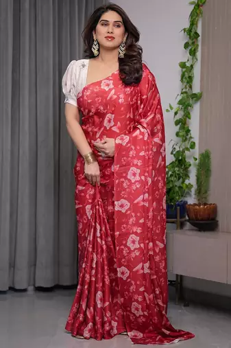 Party wear floral printed satin georgette saree with blouse