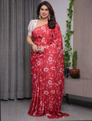 Party wear floral printed satin georgette saree with blouse 3