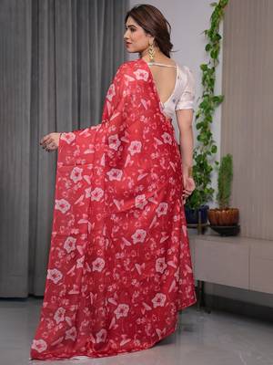 Party wear floral printed satin georgette saree with blouse 4