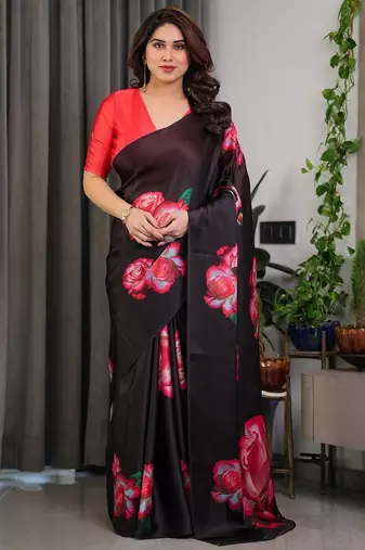 Designer floral satin georgette saree with attached blouse piece