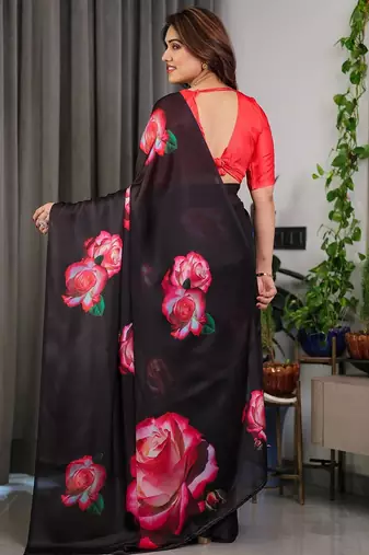 Designer floral satin georgette saree with attached blouse piece