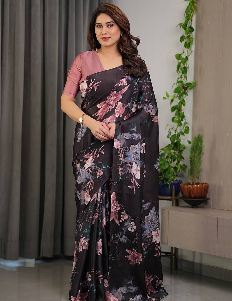 Soft satin georgette floral print saree for festive & party wear