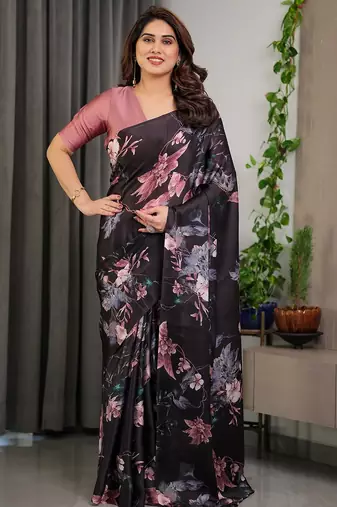 Soft satin georgette floral print saree for festive & party wear