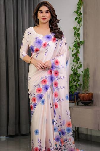 Premium satin georgette printed saree with floral motifs