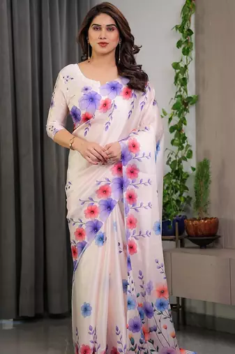 Premium satin georgette printed saree with floral motifs