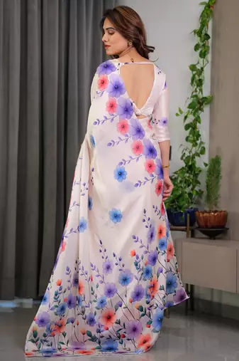 Premium satin georgette printed saree with floral motifs