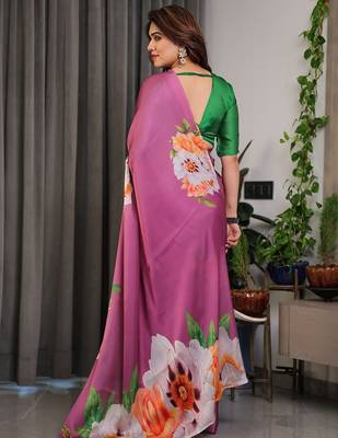 Women's floral designer satin georgette saree with blouse 4