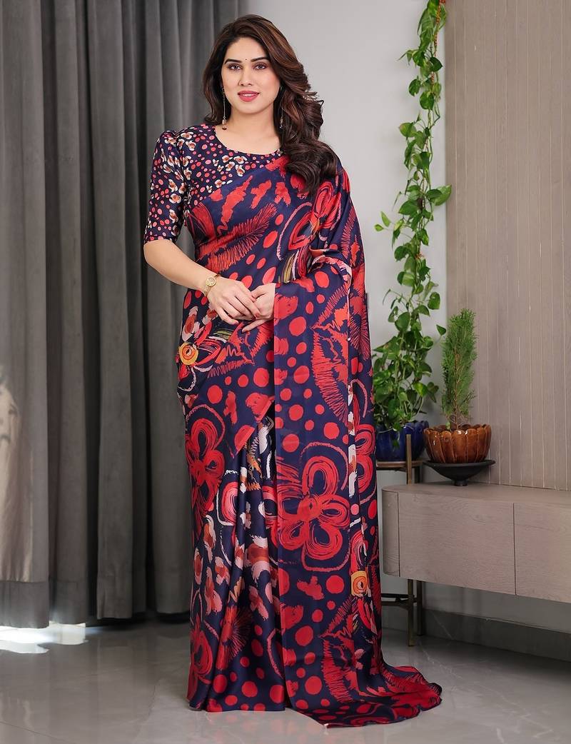 Modern floral satin georgette saree with matching blouse