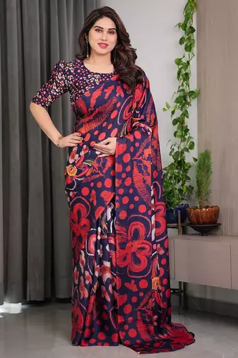 Modern floral satin georgette saree with matching blouse