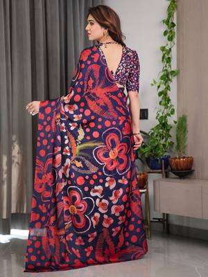 Modern floral satin georgette saree with matching blouse 4