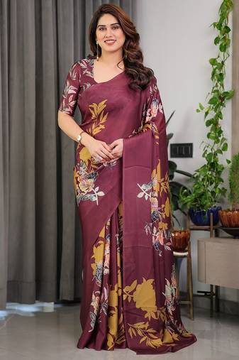 Women's satin georgette floral printed saree with blouse piece