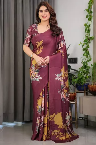 Women's satin georgette floral printed saree with blouse piece