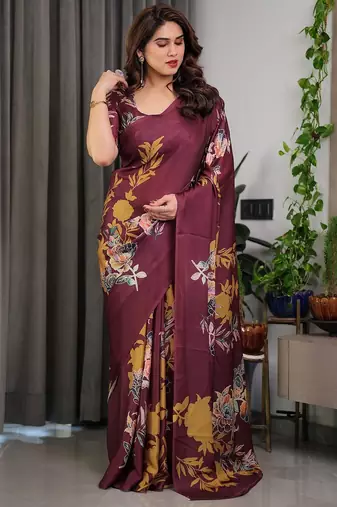 Women's satin georgette floral printed saree with blouse piece