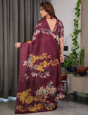 Women's satin georgette floral printed saree with blouse piece 4