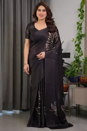 Elegant floral printed satin georgette saree with attached blouse