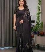 Elegant floral printed satin georgette saree with attached blouse