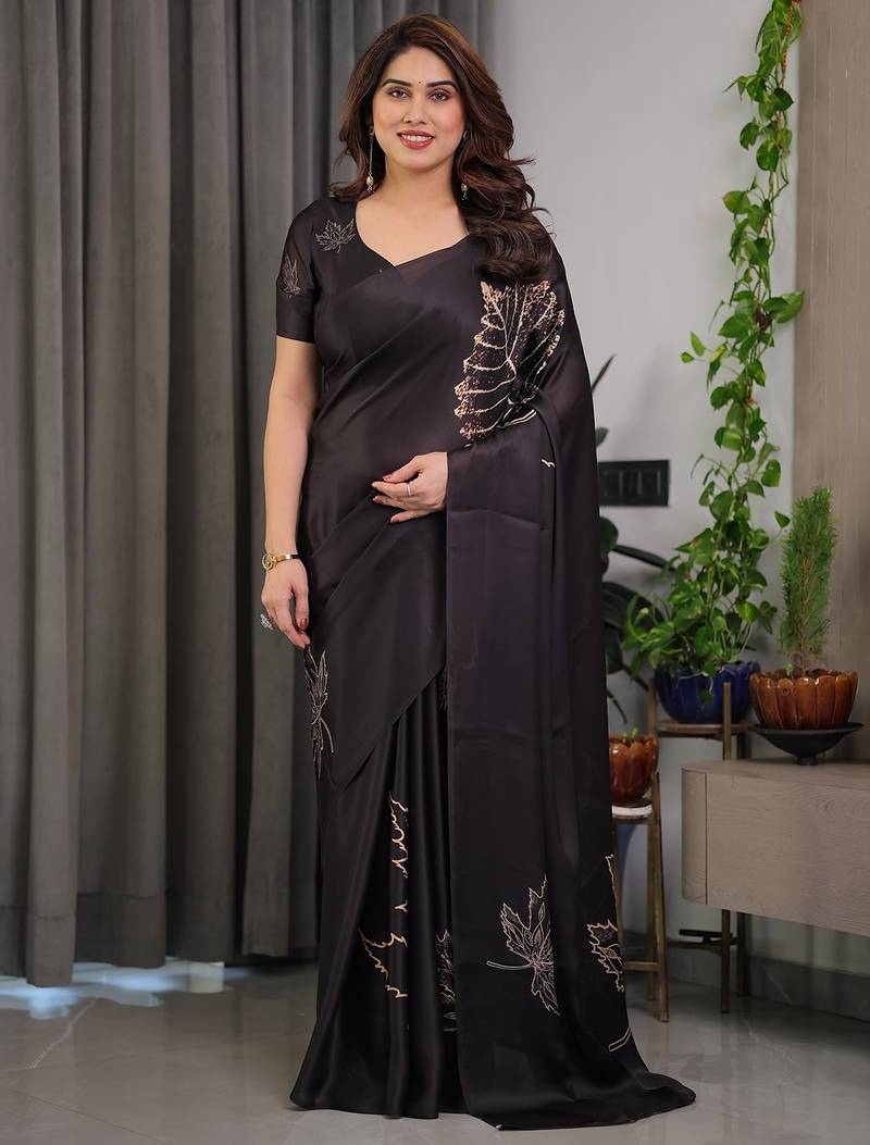 Elegant floral printed satin georgette saree with attached blouse