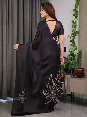 Elegant floral printed satin georgette saree with attached blouse 4