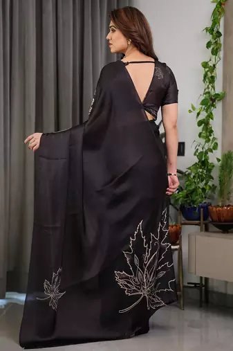 Elegant floral printed satin georgette saree with attached blouse