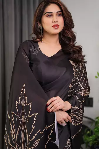 Elegant floral printed satin georgette saree with attached blouse