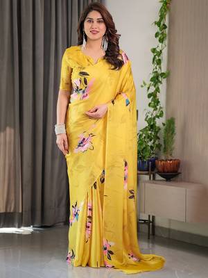 Designer satin georgette floral print saree for women with blouse 2