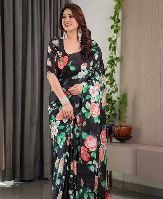 Stylish floral pattern satin georgette saree with blouse piece 3