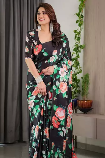 Stylish floral pattern satin georgette saree with blouse piece