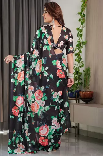 Stylish floral pattern satin georgette saree with blouse piece