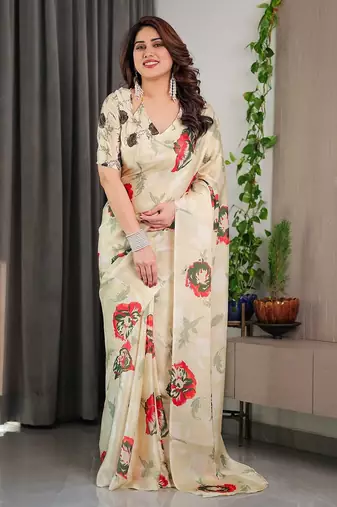 Trendy women's satin georgette printed saree with floral design