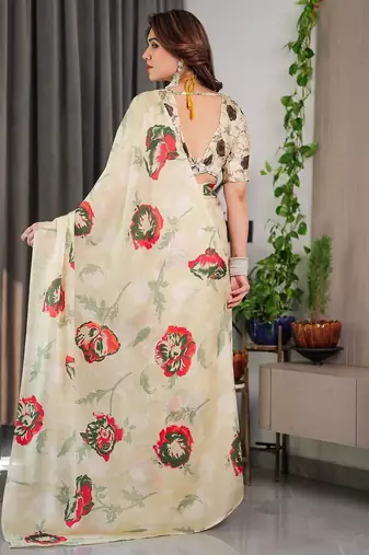 Trendy women's satin georgette printed saree with floral design