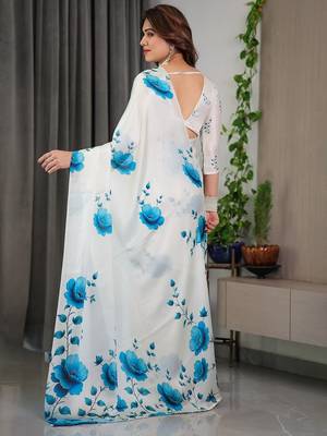 Party wear floral printed satin georgette saree with blouse 4