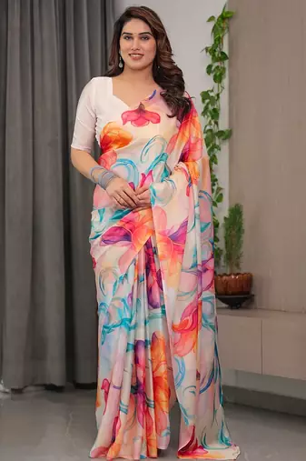 Designer floral satin georgette saree with attached blouse piece