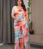 Designer floral satin georgette saree with attached blouse piece