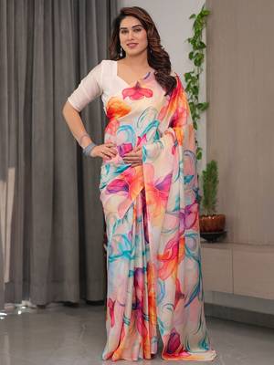 Designer floral satin georgette saree with attached blouse piece 2
