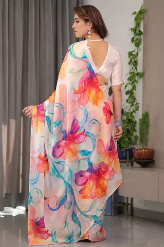 Designer floral satin georgette saree with attached blouse piece