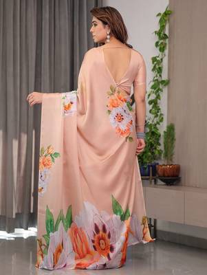 Soft satin georgette floral print saree for festive & party wear 4