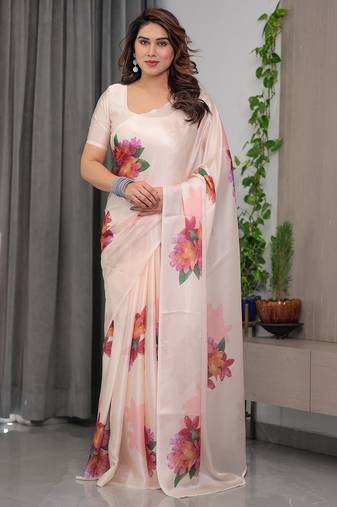 Premium satin georgette printed saree with floral motifs