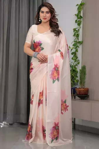 Premium satin georgette printed saree with floral motifs