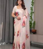 Premium satin georgette printed saree with floral motifs