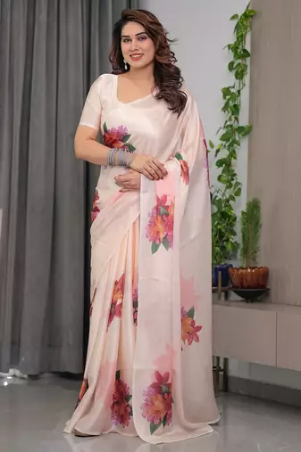 Premium satin georgette printed saree with floral motifs