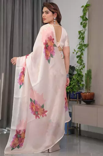Premium satin georgette printed saree with floral motifs