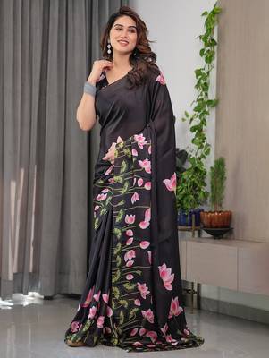 Women's floral designer satin georgette saree with blouse 3