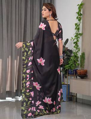 Women's floral designer satin georgette saree with blouse 4