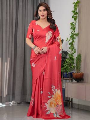 Fashion floral print satin georgette saree for women 1