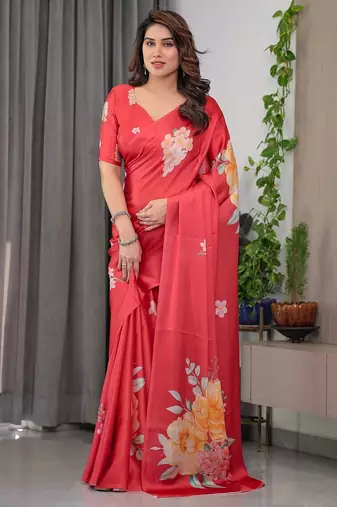 Fashion floral print satin georgette saree for women