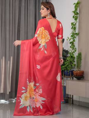Fashion floral print satin georgette saree for women 4