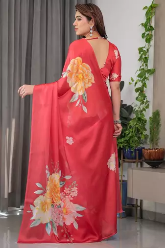 Fashion floral print satin georgette saree for women