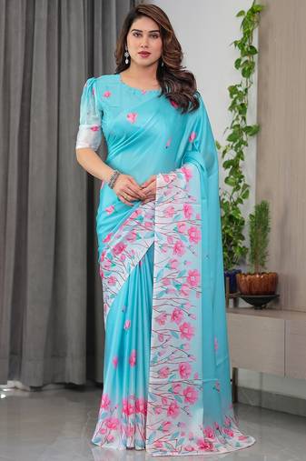 Elegant party wear satin georgette floral printed saree