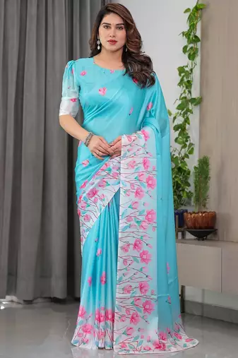 Elegant party wear satin georgette floral printed saree